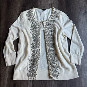 Talbots Ivory Beaded Open-Front Sweater Cardigan